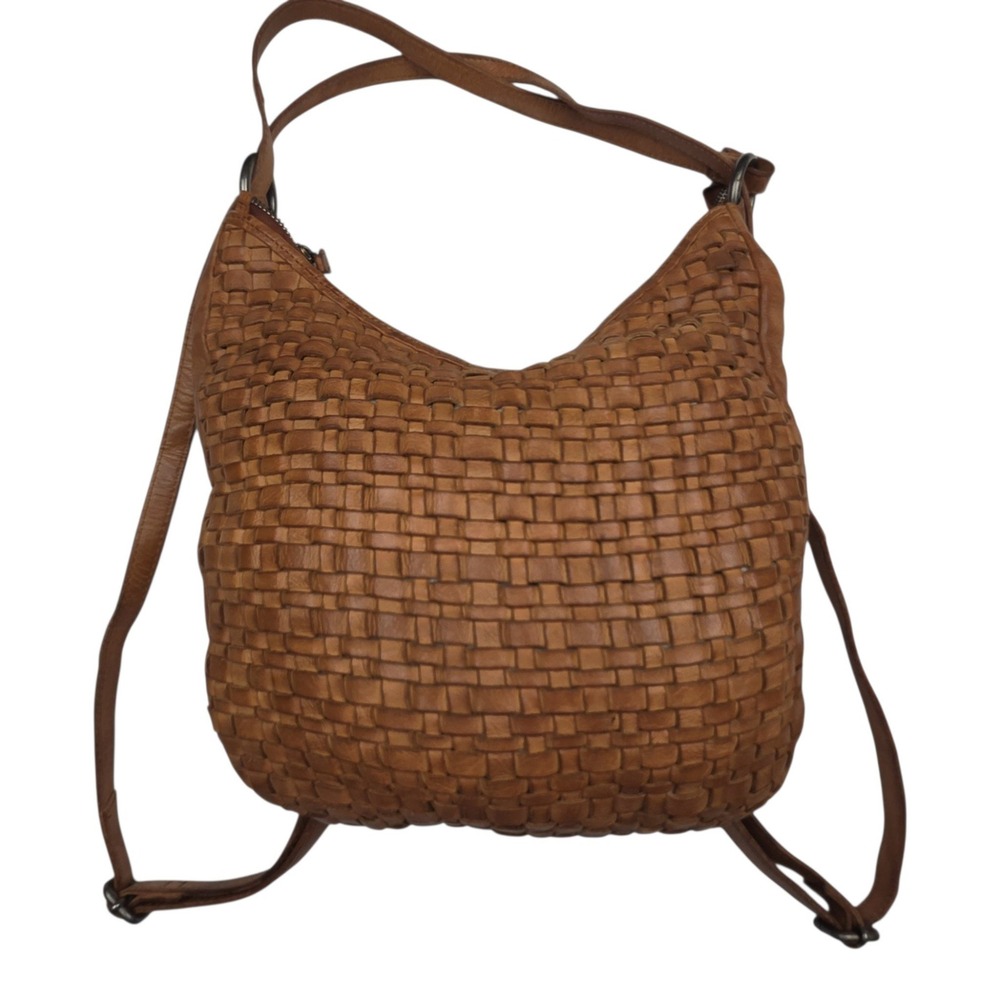 Vilenca Holland Woven Brown Leather Bag Convertible Backpack Shoulder Boho